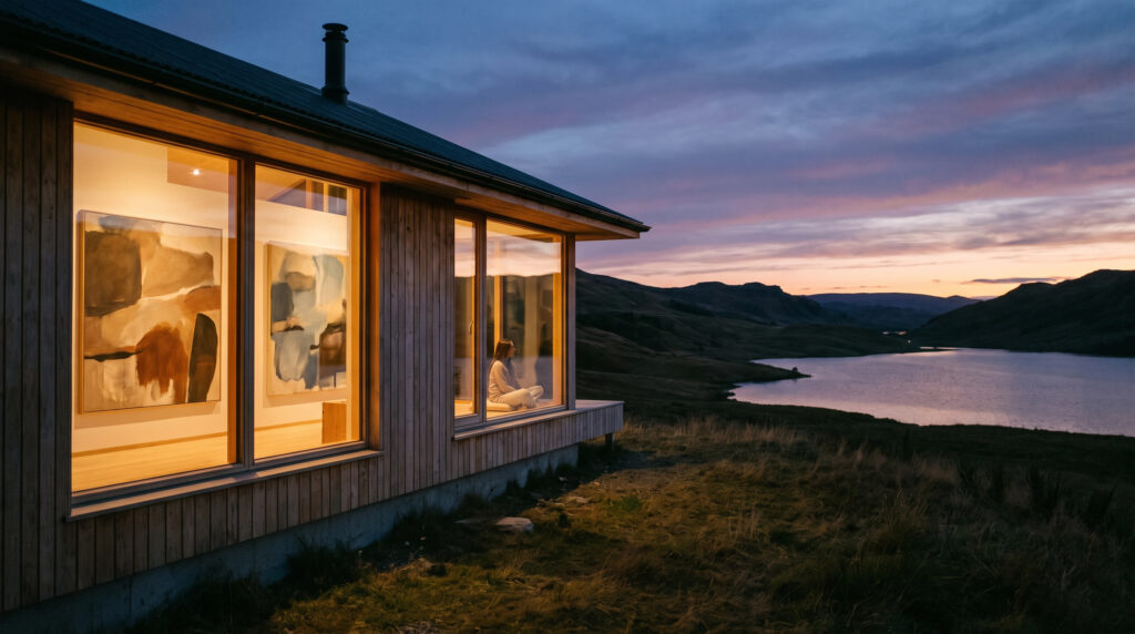 Conclusion of Minimalist Color Psychology: A peaceful view of a minimalist home at twilight.