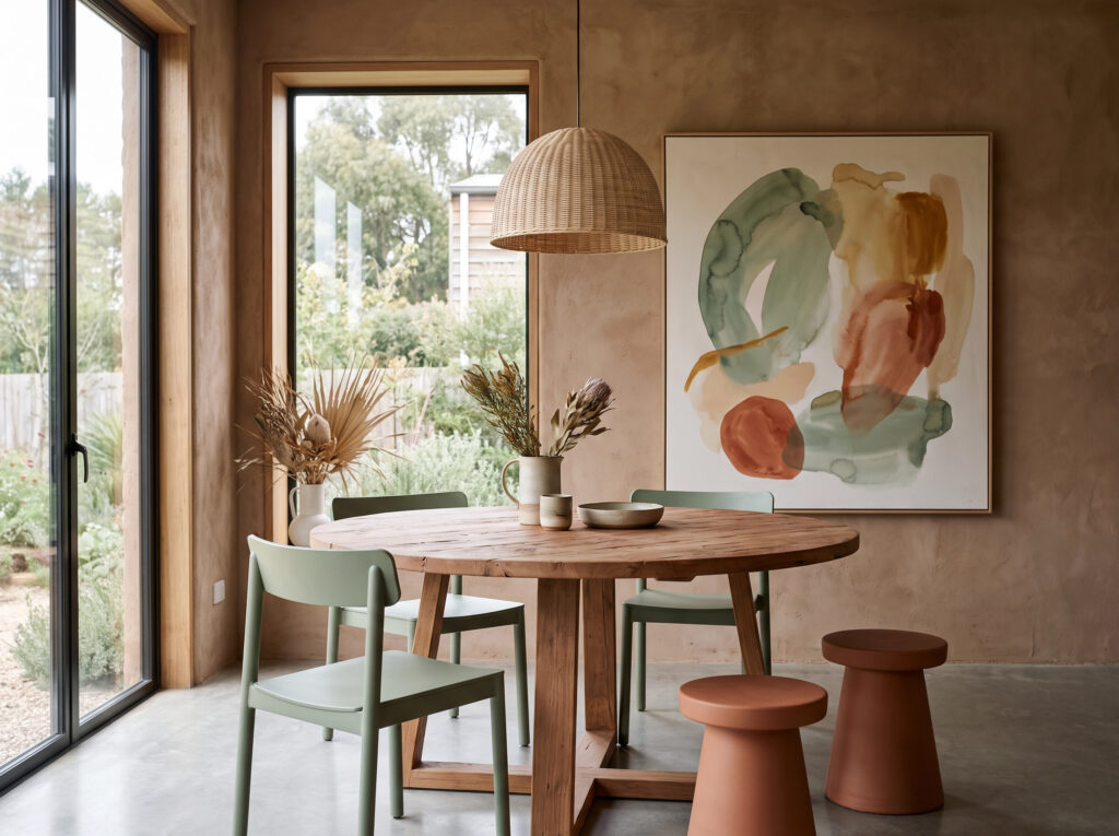Earthy undertones in Minimalist Color Psychology: A minimalist dining space with organic clay and sage art.