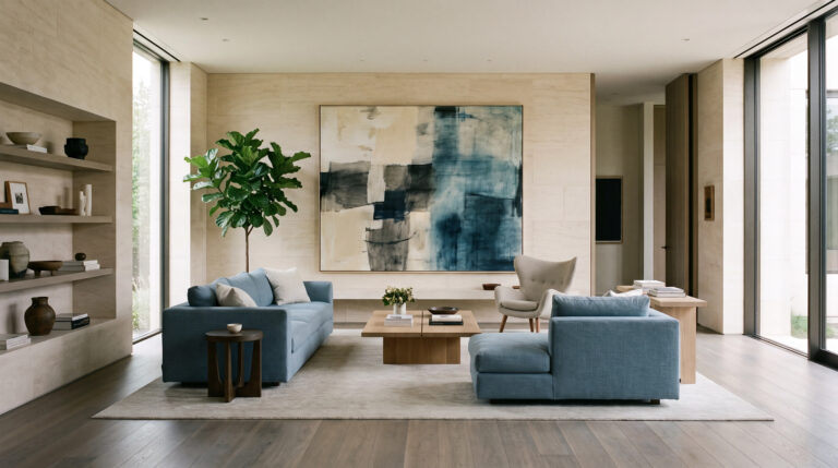 Minimalist Color Psychology featured image: A sophisticated living room with soft beiges, warm greys, and muted blues.
