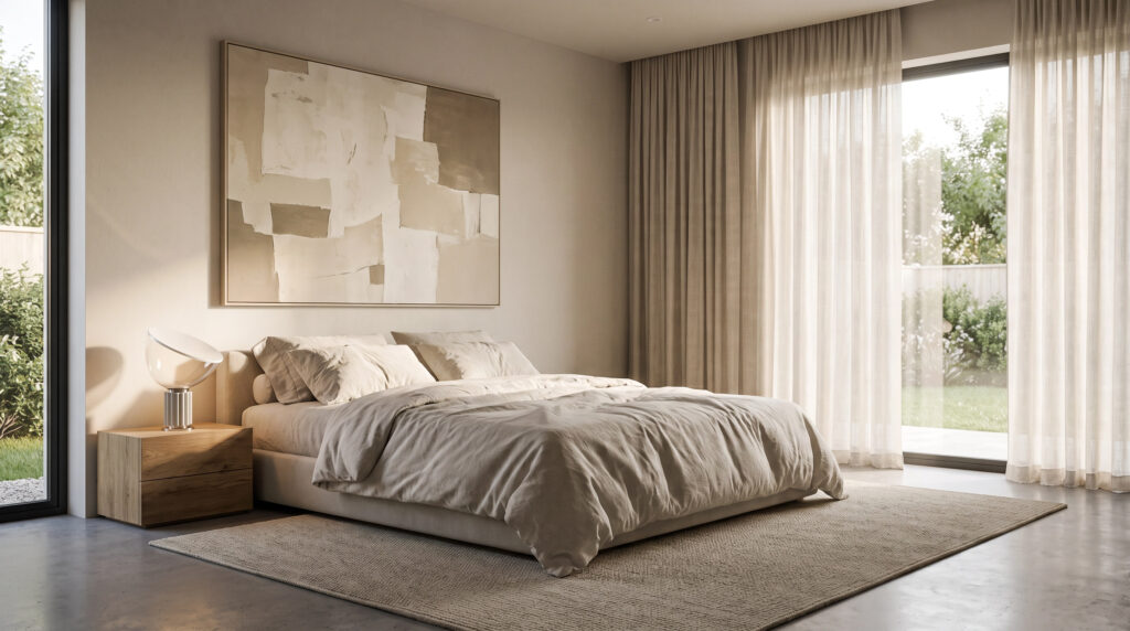 Serene Apple-style bedroom with a restorative monochromatic painting above the bed.