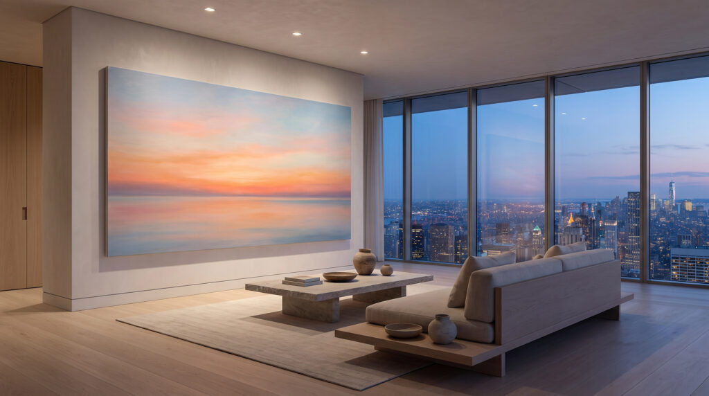 High-end minimalist penthouse at twilight with a large sunset painting, the ultimate emotional sanctuary.