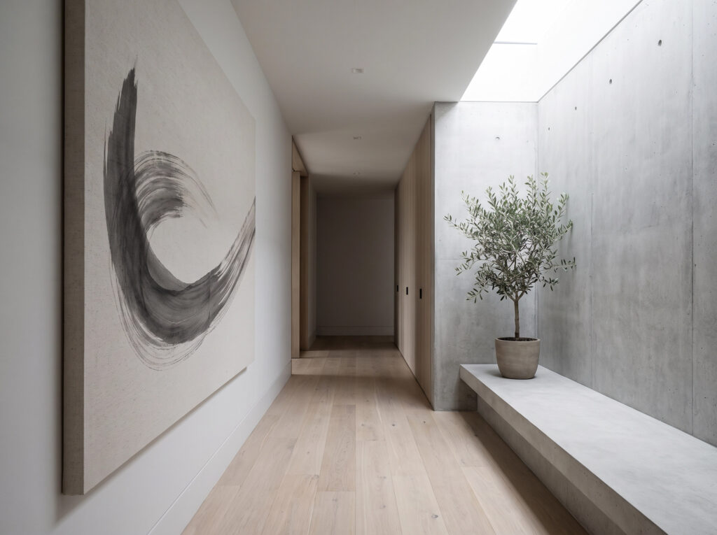 Minimalist entryway with calm artwork and architectural lines, creating an immediate emotional sanctuary.