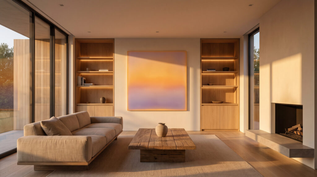 Art as an Emotional Sanctuary: A serene minimalist living room at sunset.
