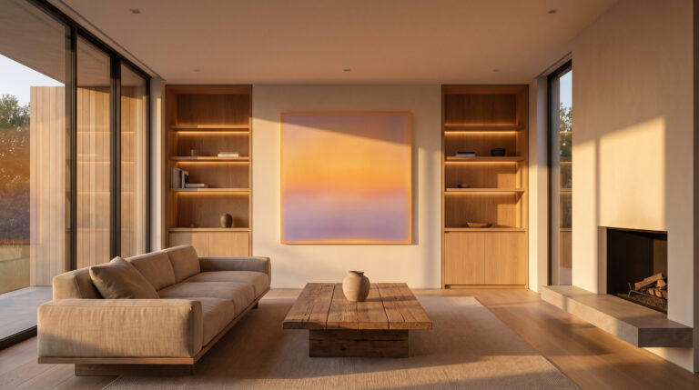 Apple-style minimalist living room at sunset featuring a serene abstract painting as an emotional sanctuary.