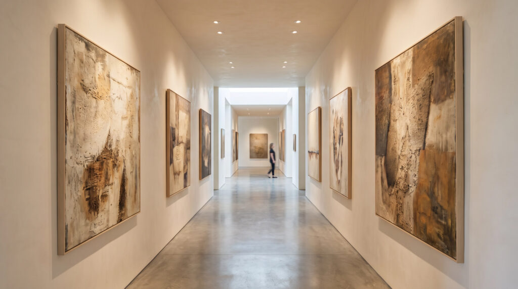 Minimalist hallway acting as a private gallery with perfectly illuminated abstract paintings.