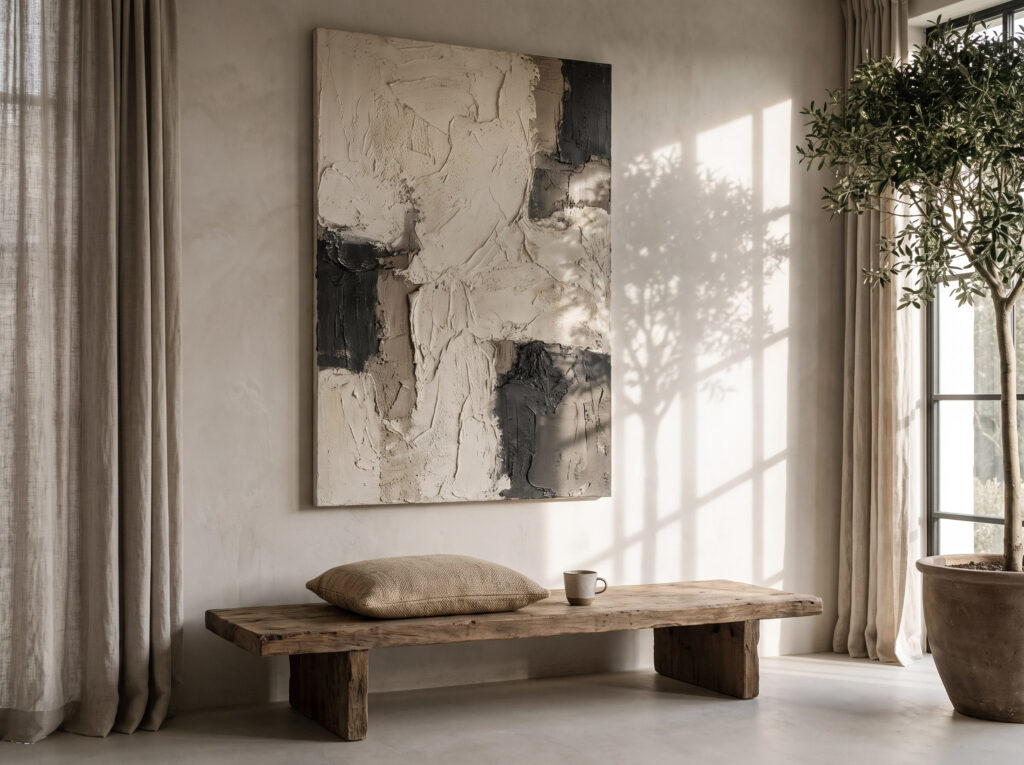 Minimalist meditation corner with a textured neutral painting and low wooden bench, Apple-style aesthetic.