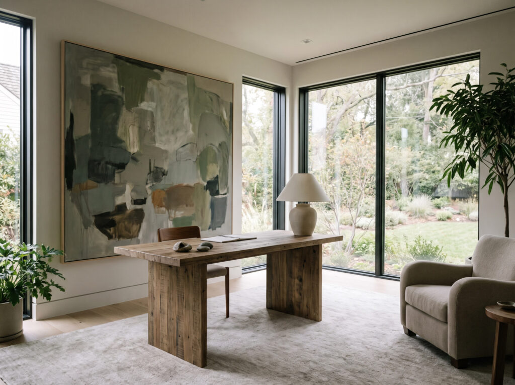 High-end minimalist home office with a calming abstract painting to reduce stress and boost focus.
