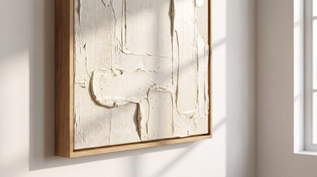 Close-up of tactile minimalist art texture, providing a grounding sensory experience in a modern home.