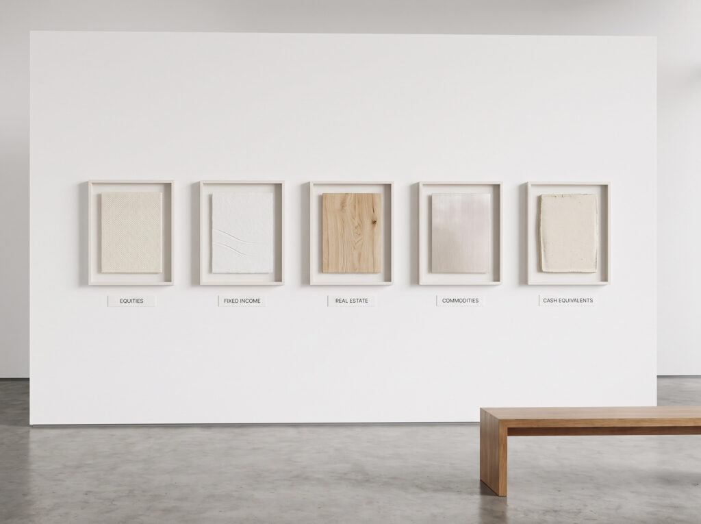 Minimalist gallery wall featuring a curated collection of small-scale minimalist artworks, representing diversification.