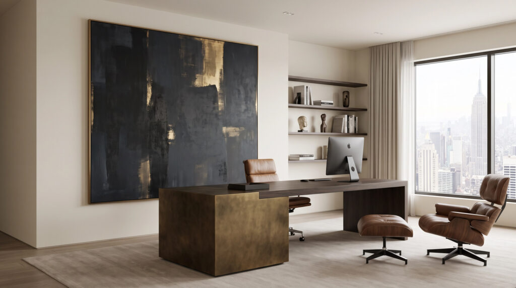 Investment Value of Minimalist Art: A high-end minimalist home office with a large-scale abstract painting.