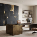 Investment Value of Minimalist Art: A high-end minimalist home office with a large-scale abstract painting.