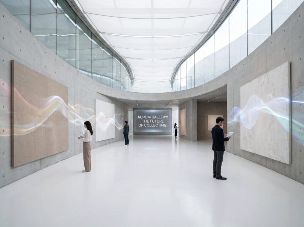 High-end, futuristic minimalist art gallery representing the future of art collecting and technology.