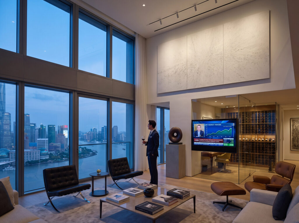 Luxury penthouse with a large minimalist work of art, representing the status and investment choice of the ultra-wealthy.