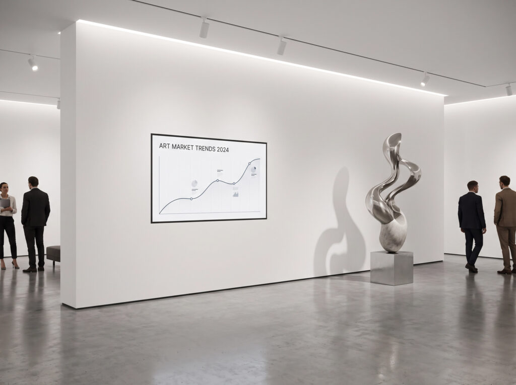 Sleek minimalist gallery setting with a digital display showing art market growth trends.