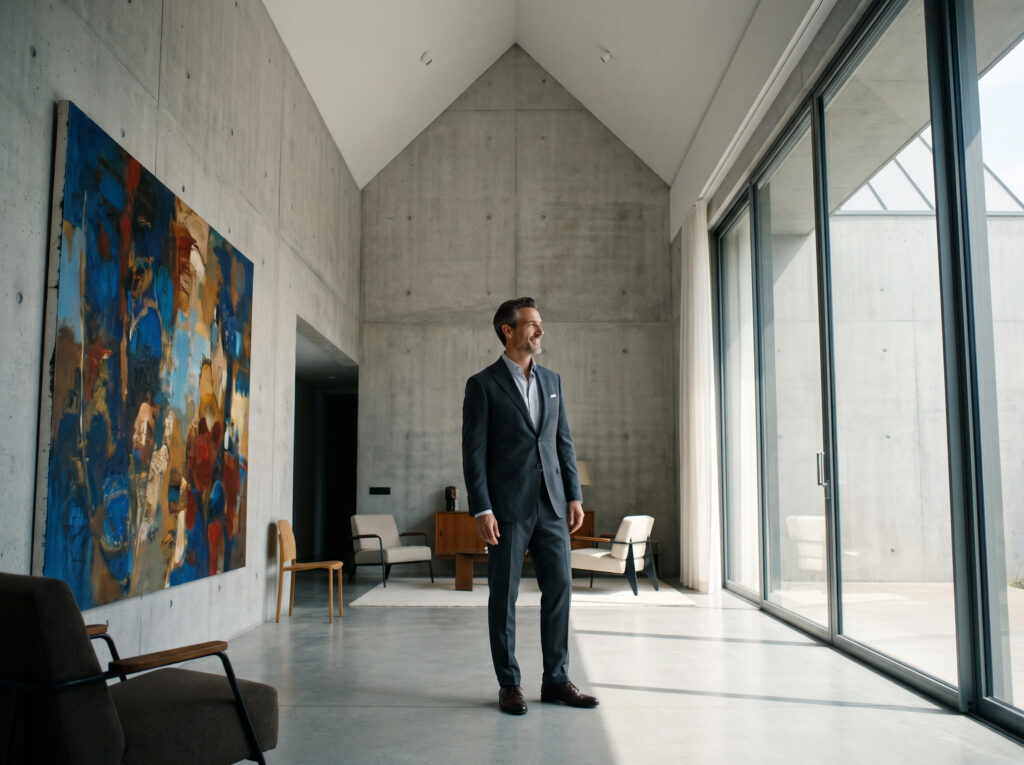 Sophisticated art collector in a minimalist architectural space, representing the success of art investment.