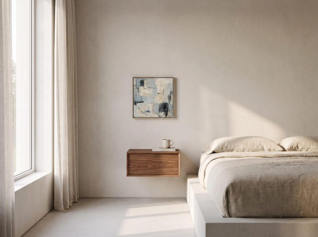 The Art of the Niche: A serene minimalist bedroom with a single small-scale abstract artwork above the nightstand.