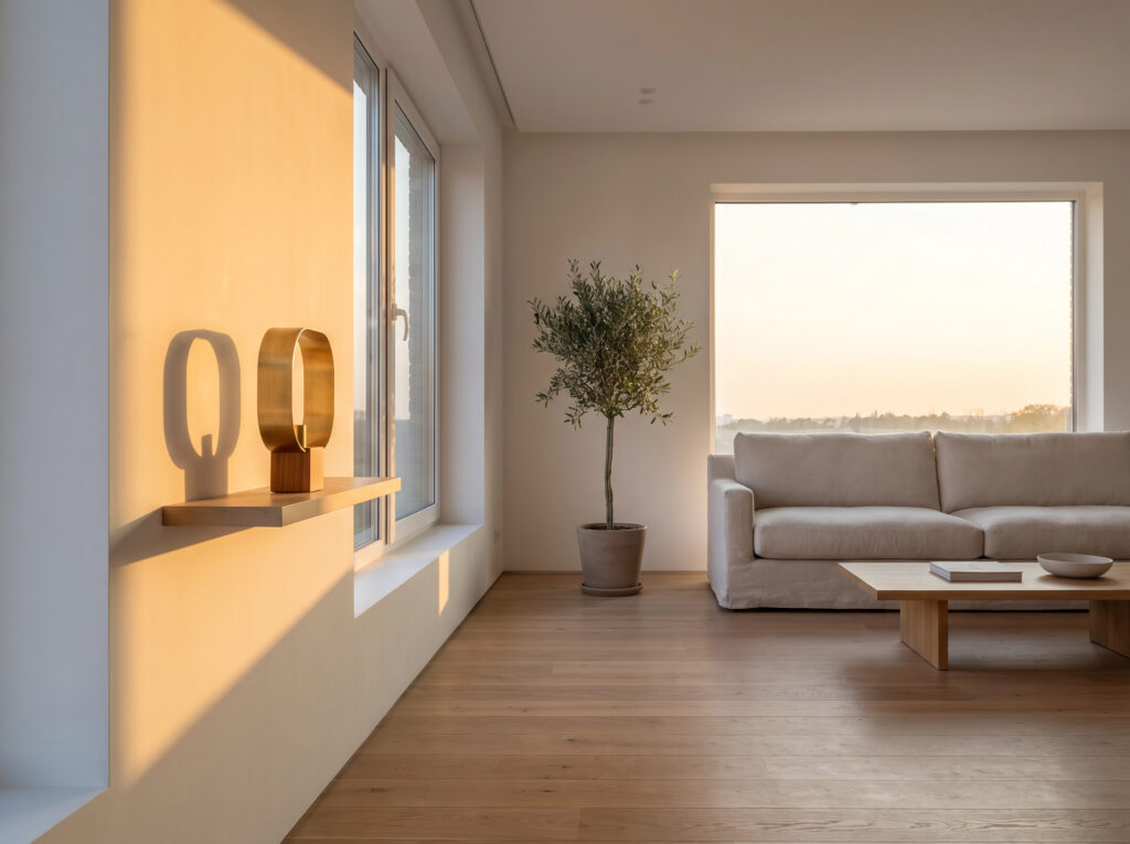 The Art of the Niche: A serene minimalist space with a small art piece catching the warm golden hour sun.