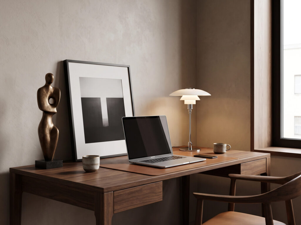 The Art of the Niche: A small framed art piece leaning on a high-end home office desk next to a sleek laptop.