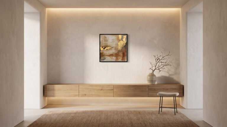 The Art of the Niche: A high-end minimalist entryway featuring a single exquisite small-scale abstract painting.