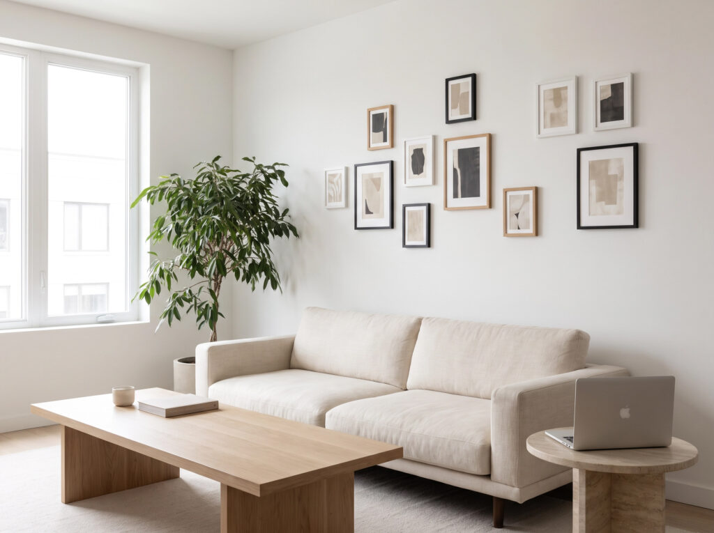 The Art of the Niche: A curated gallery wall of small-scale minimalist artworks in a modern living room.