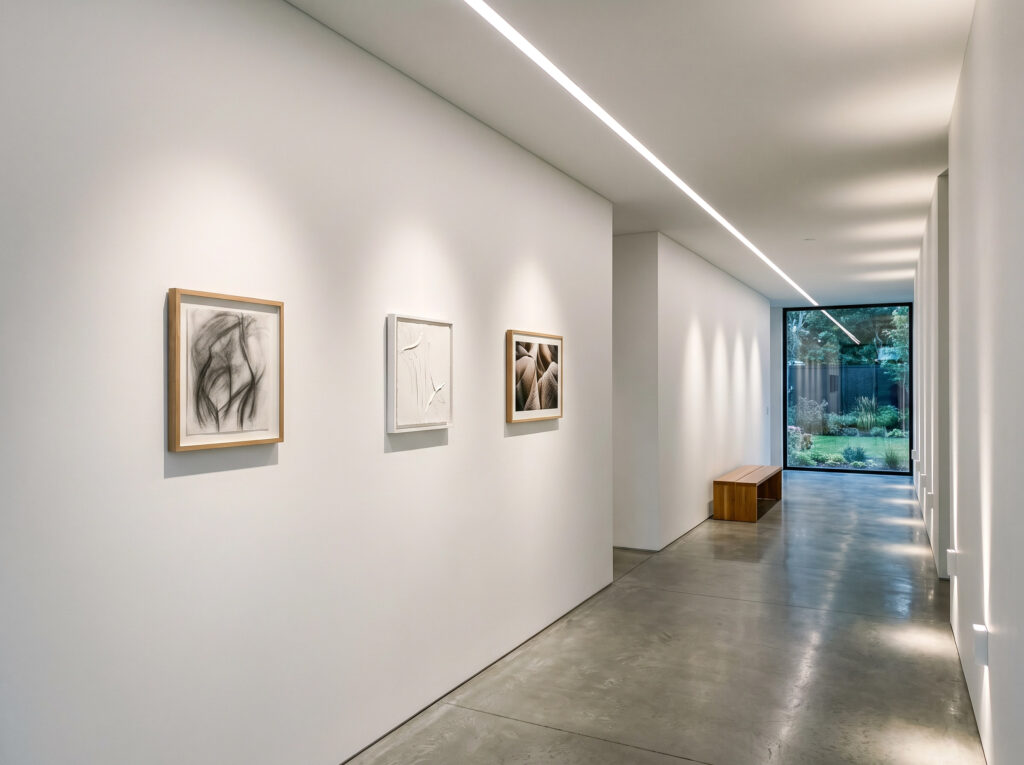 The Art of the Niche: A long minimalist hallway with a sequence of three small-scale artworks.