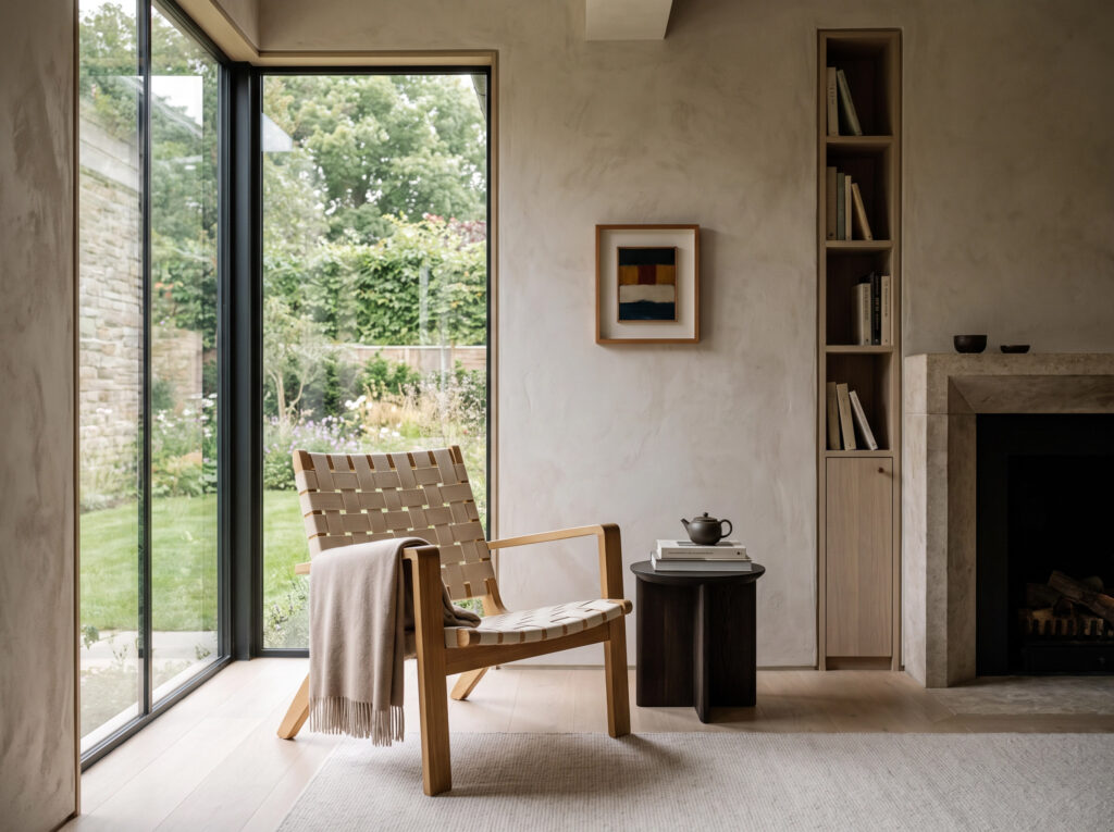 The Art of the Niche: A cozy reading nook with a designer lounge chair and a small-scale artwork on the wall.