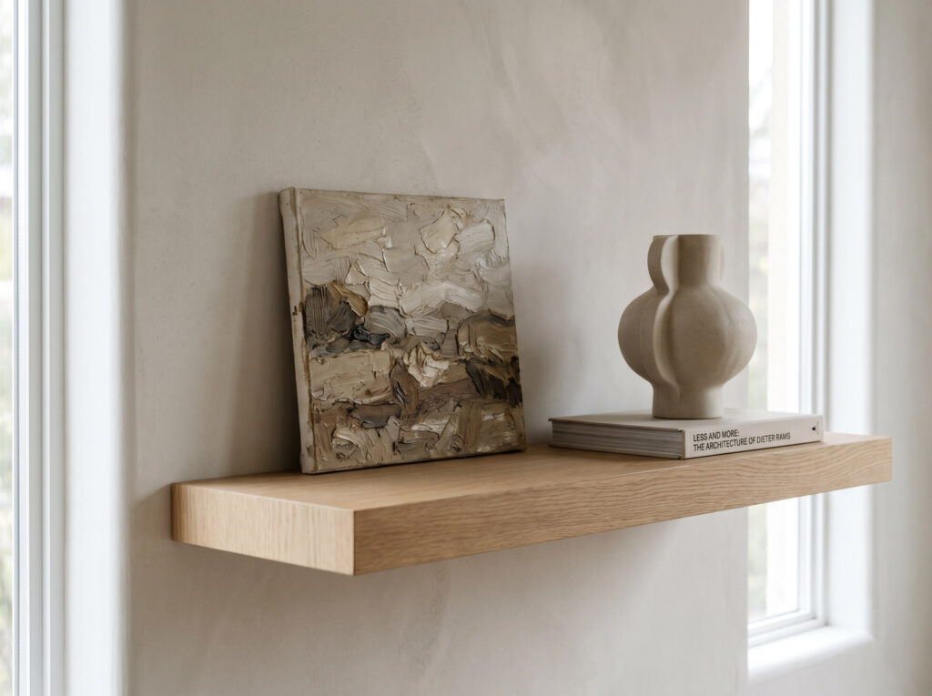 The Art of the Niche: A close-up of a small textured original oil painting on a minimalist floating shelf.
