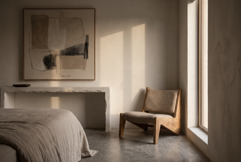 A quiet minimalist artwork in a calm bedroom reading corner with natural afternoon light.