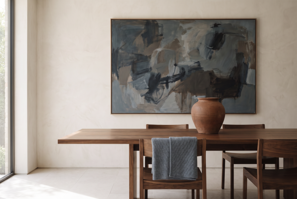 A muted blue-gray minimalist painting quietly echoed by a textile and ceramic vessel in a modern dining room.