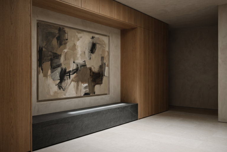 A refined interior with one thoughtfully chosen contemporary artwork expressing the collector's personal style.