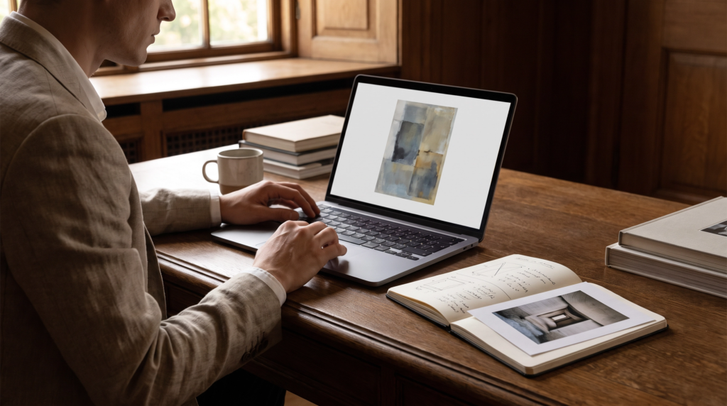 A collector viewing an online artwork listing on a laptop beside a printed detail image and a notebook.