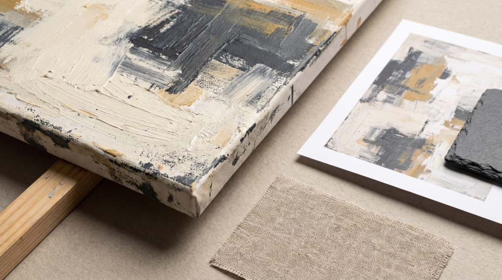 A close study of an artwork’s surface, edges, and material texture beside its full digital listing.