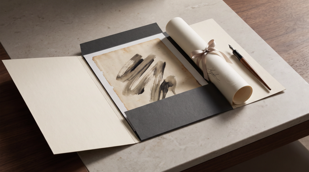 Artwork documentation, a signed certificate, and a seller contact page arranged for careful review.