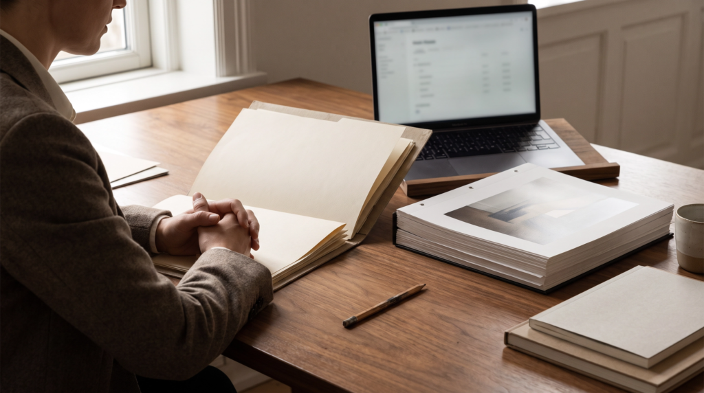 A buyer comparing an artist biography, gallery information, and artwork documentation across a refined digital workspace.