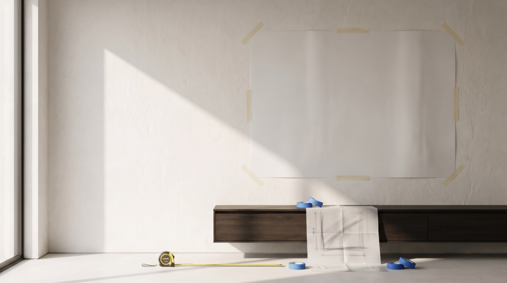 Wall measurements, painter’s tape, and a digital artwork listing used to judge scale before an online art purchase.