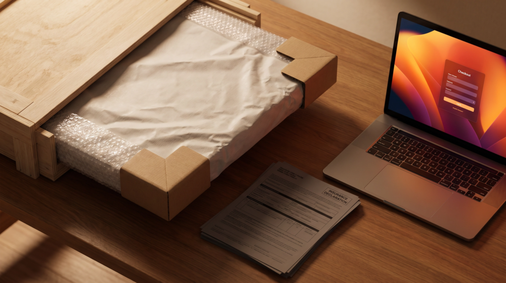 An online checkout summary, insured shipping information, and carefully packed artwork prepared for delivery.