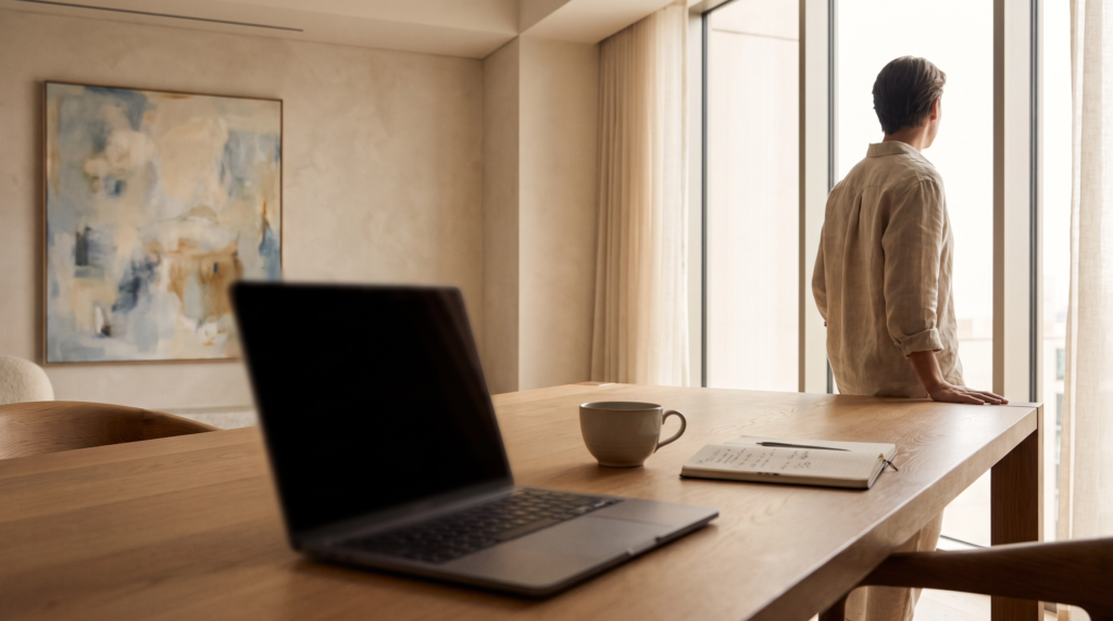 A collector stepping away from an online artwork purchase to reflect beside a quiet window and handwritten notes.