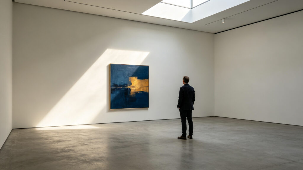 A first-time collector viewing one contemporary artwork in a quiet gallery-like interior.
