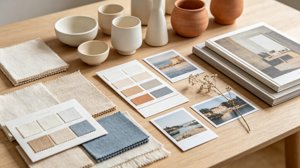 A curated arrangement of personal objects, colors, and textures revealing a collector's visual preferences.