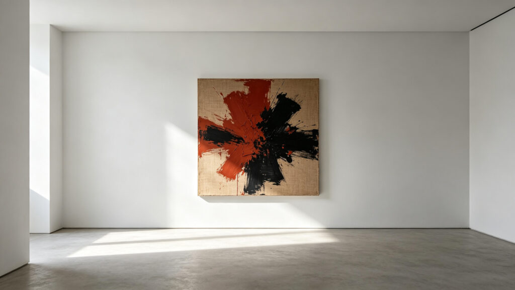 One expressive contemporary artwork creating emotional contrast in a restrained minimalist interior.