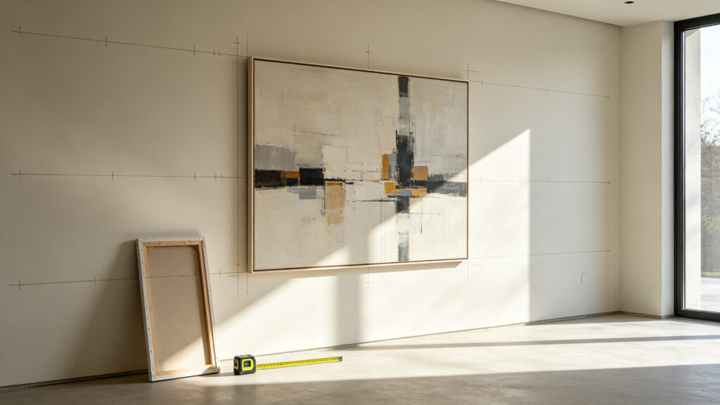 Contemporary artwork carefully positioned in relation to wall scale, furniture, light, and negative space.