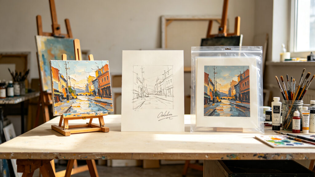 An original artwork, a limited edition, and a fine art print shown as distinct formats in a bright studio.