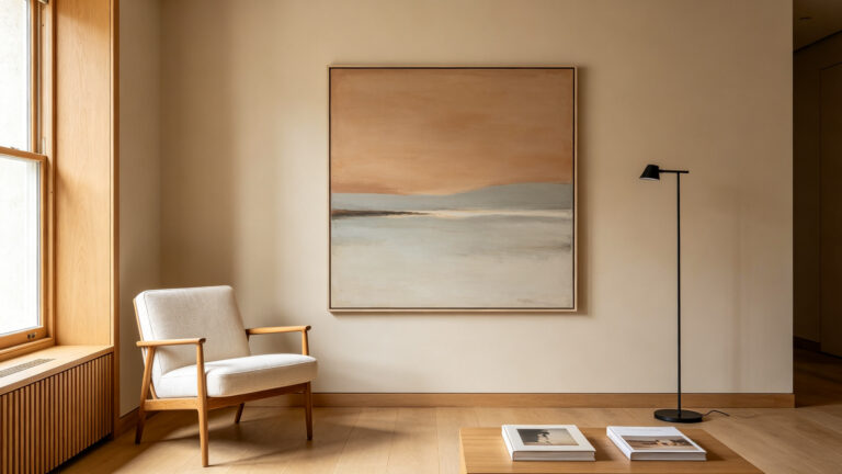 A refined interior with one thoughtfully chosen contemporary artwork expressing the collector's personal style.